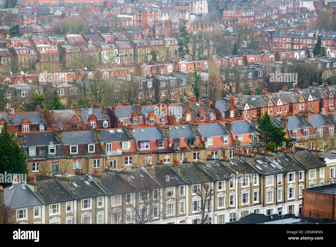 Aerial view of London suburb terraced house rooftops
